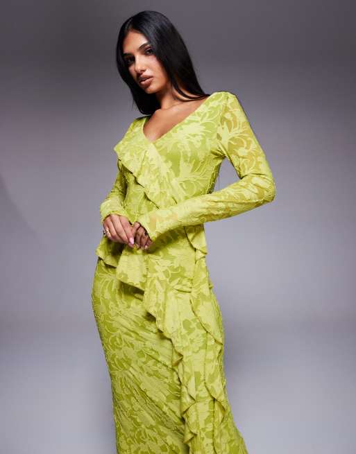 ASOS DESIGN - Vestito lungo dévoré a maniche lunghe verde con volant, 4 di 4