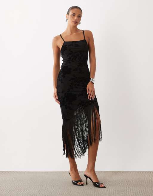 ASOS DESIGN vestito lungo devoré floreale con dettaglio frange nero