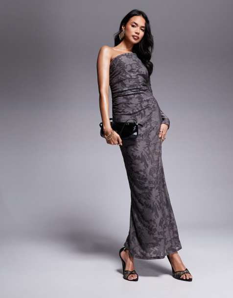 ASOS DESIGN - Vestito lungo dévoré grigio a maniche lunghe arricciato - view 1