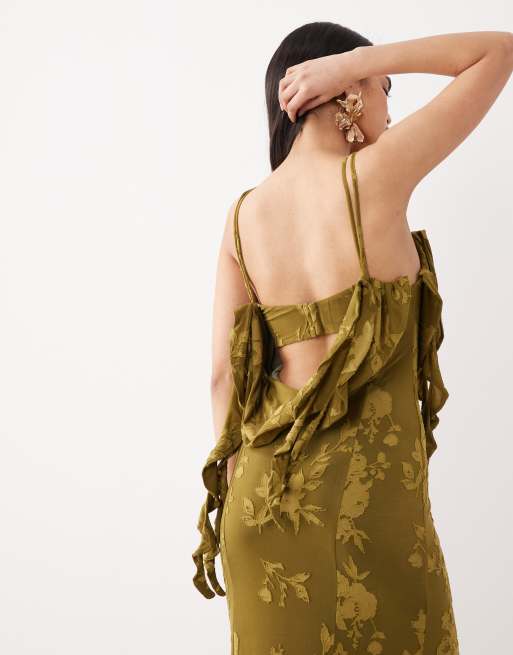 ASOS DESIGN - Vestito lungo dévoré verde oliva con volant, 2 di 4