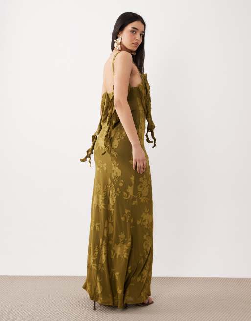 ASOS DESIGN - Vestito lungo dévoré verde oliva con volant, 3 di 4