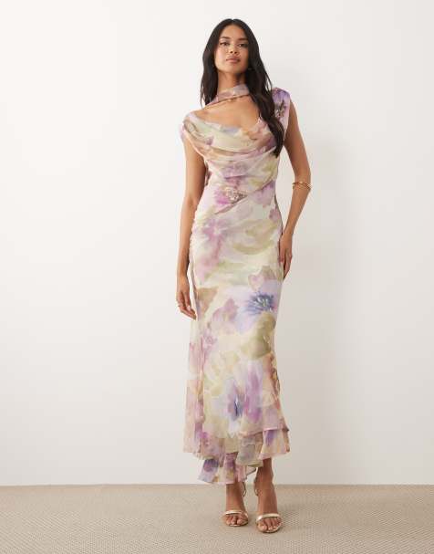 ASOS DESIGN - Vestito lungo drappeggiato a doppio strato con spalle scoperte e foulard con stampa estiva a fiori - view 1