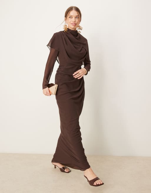 ASOS DESIGN - Vestito lungo drappeggiato a maniche lunghe color cioccolato