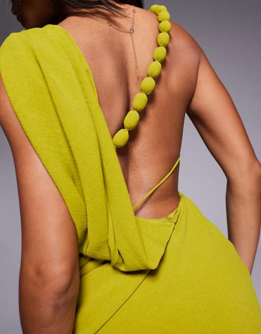 ASOS DESIGN - Vestito lungo drappeggiato color chartreuse con spallina a palline, 4 di 4