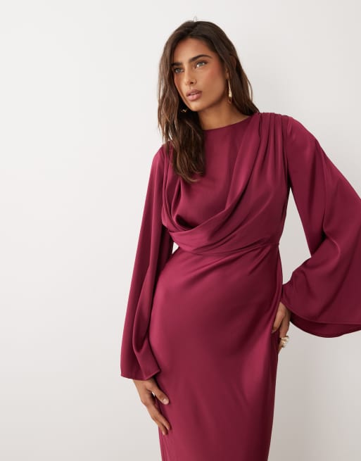 ASOS DESIGN - Vestito lungo drappeggiato color lampone con maniche a trombetta, 2 di 4