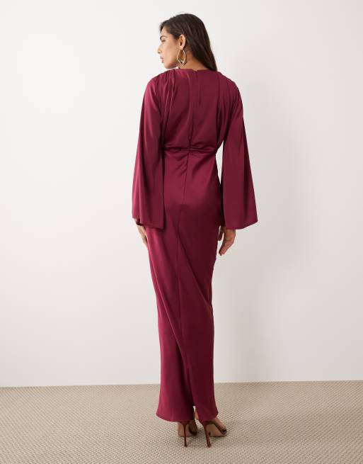 ASOS DESIGN - Vestito lungo drappeggiato color lampone con maniche a trombetta, 4 di 4