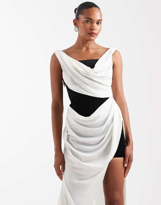 ASOS DESIGN - Vestito lungo drappeggiato con corpino doppiato in velluto bianco e nero, 4 di 4