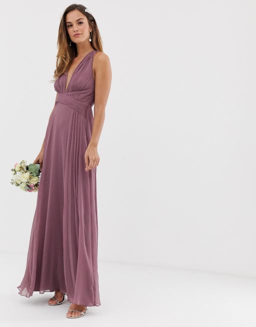 ASOS DESIGN Vestito lungo drappeggiato da damigella con corpino arricciato e dettaglio a portafoglio