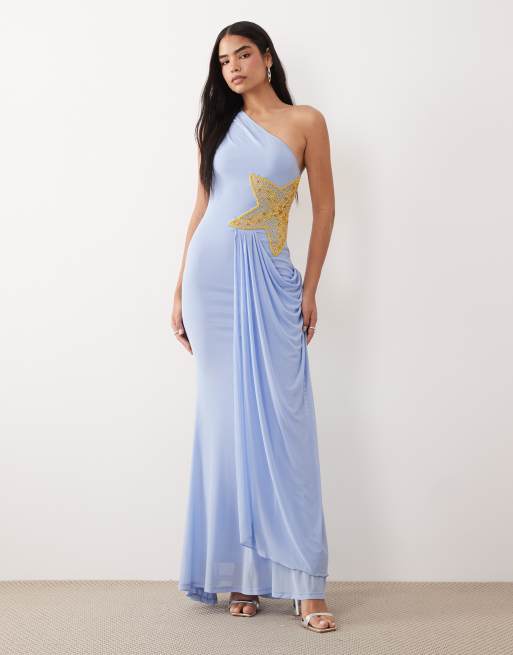 ASOS DESIGN - Vestito lungo drappeggiato in rete blu decorato con stella marina, 2 di 4