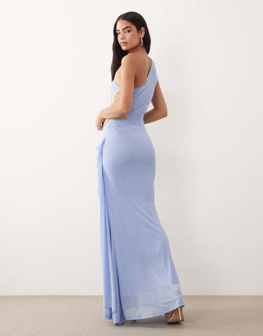 ASOS DESIGN - Vestito lungo drappeggiato in rete blu decorato con stella marina, 3 di 4