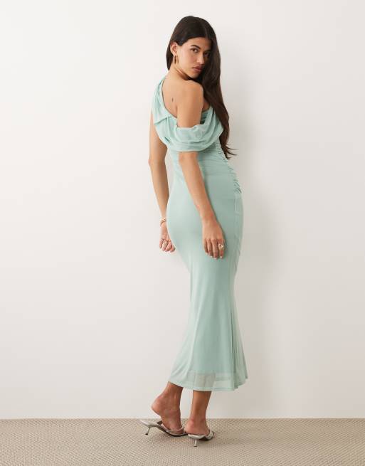ASOS DESIGN - Vestito lungo drappeggiato in rete con spalle scoperte e arricciature, 4 di 4