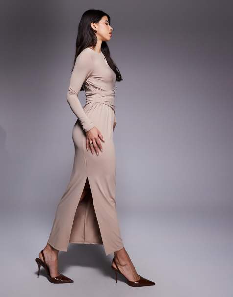 ASOS DESIGN - Vestito lungo drappeggiato morbido al tatto color cappuccino a maniche lunghe - view 1