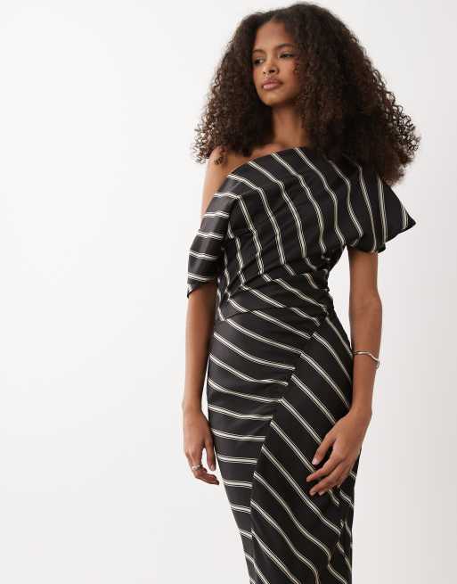 ASOS DESIGN - Vestito lungo drappeggiato rigato con scollo asimmetrico, 3 di 4