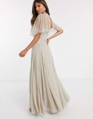 ASOS DESIGN - Vestito lungo drappeggiato sul retro con delicate decorazioni floreali color grigio talpa