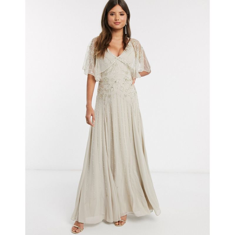 Donna Vestiti DESIGN - Vestito lungo drappeggiato sul retro con delicate decorazioni floreali color grigio talpa