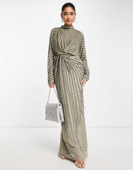 ASOS DESIGN Vestito lungo dritto decorato e con dettagli a spirale verde