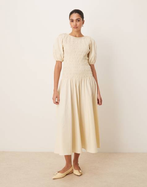 ASOS DESIGN - Vestito lungo écru arricciato con vita scesa - view 1