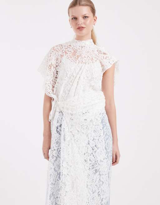 ASOS DESIGN - Vestito lungo écru in pizzo accollato con allacciatura laterale, 4 di 4