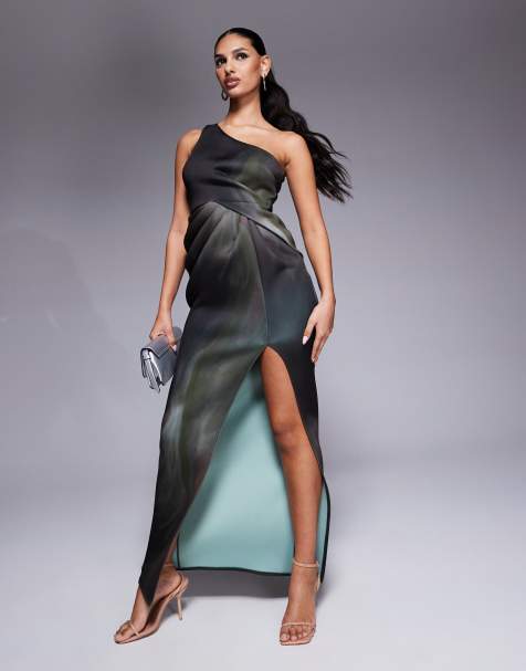 ASOS DESIGN - Vestito lungo fasciante monospalla con dettaglio a pieghe e stampa astratta in tonalità scure - view 1