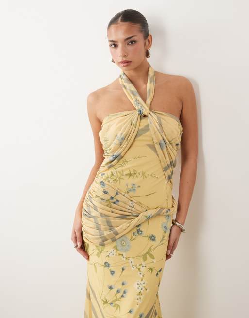 ASOS DESIGN - Vestito lungo giallo a fiori allacciato al collo con drappeggio, 2 di 4