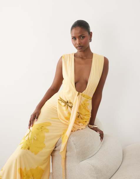 ASOS DESIGN - Vestito lungo giallo a fiori drappeggiato con scollo profondo e dettaglio stile sciarpa - view 1
