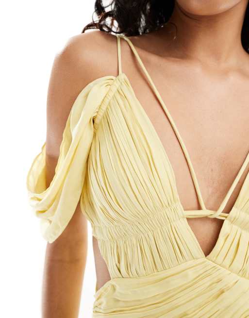 ASOS DESIGN Vestito lungo giallo arricciato con cut out e spalle scivolate ASOS