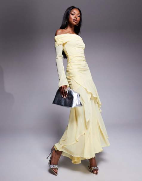 ASOS DESIGN - Vestito lungo giallo pastello in chiffon elasticizzato con maniche lunghe, scollo alla Bardot e fondo con volant - view 1