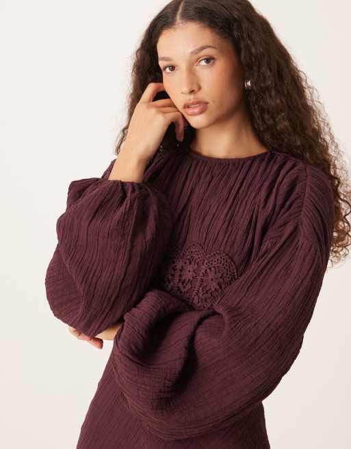 ASOS DESIGN - Vestito lungo girocollo color gelso con maniche voluminose e bustino in pizzo, 4 di 4