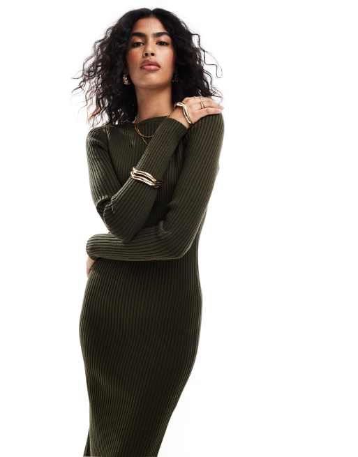 ASOS DESIGN Vestito lungo girocollo in maglia a coste kaki ASOS