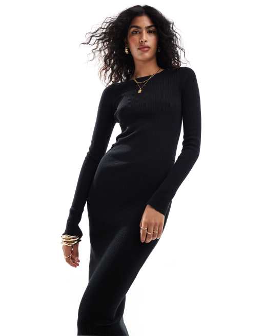 ASOS DESIGN - Vestito lungo girocollo in maglia nero con polsini con spacco, 3 di 4