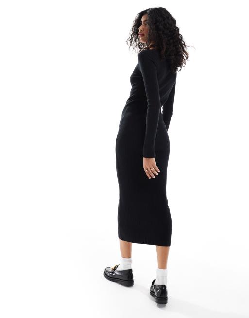 ASOS DESIGN - Vestito lungo girocollo in maglia nero con polsini con spacco, 4 di 4