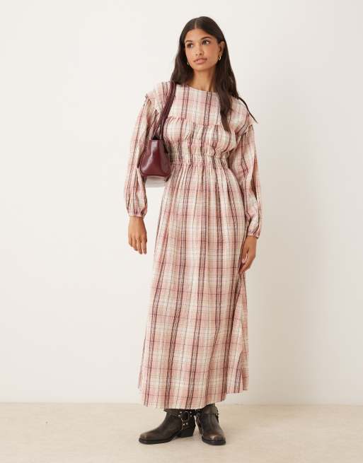ASOS DESIGN - Vestito lungo girocollo rosa polvere a quadri con arricciatura e dettaglio sul busto