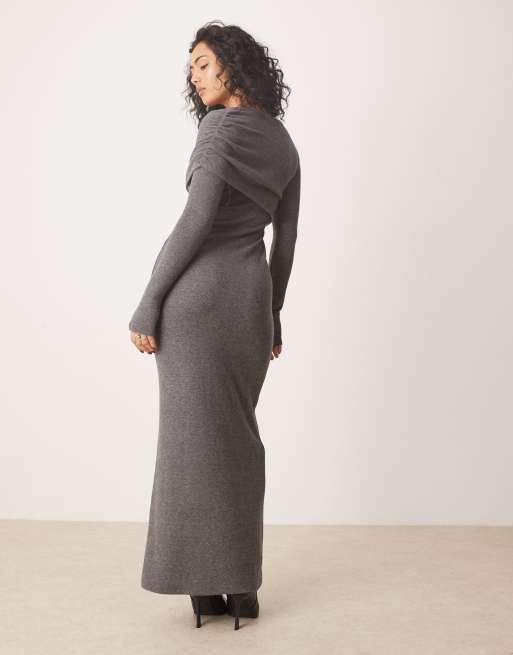 ASOS DESIGN - Vestito lungo grigio a maniche lunghe morbidissimo con spalla drappeggiata, 3 di 4