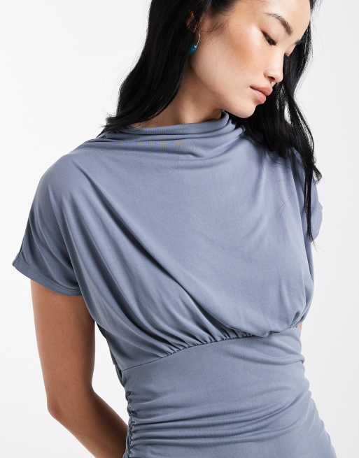 ASOS DESIGN - Vestito lungo grigio blu con scollo a imbuto stretto in vita, 2 di 4