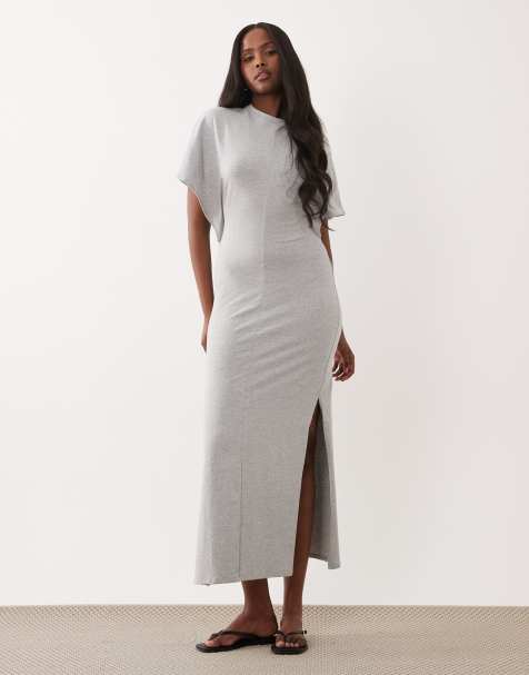 ASOS DESIGN - Vestito lungo grigio con maniche corte ad ali di pipistrello e cuciture a vista - view 1