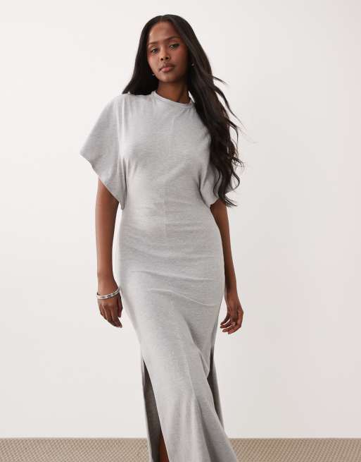 ASOS DESIGN - Vestito lungo grigio con maniche corte ad ali di pipistrello e cuciture a vista, 4 di 4