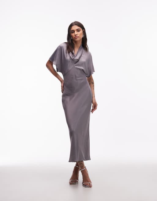 ASOS DESIGN - Vestito lungo grigio in raso con scollo ad anello e taglio sbieco