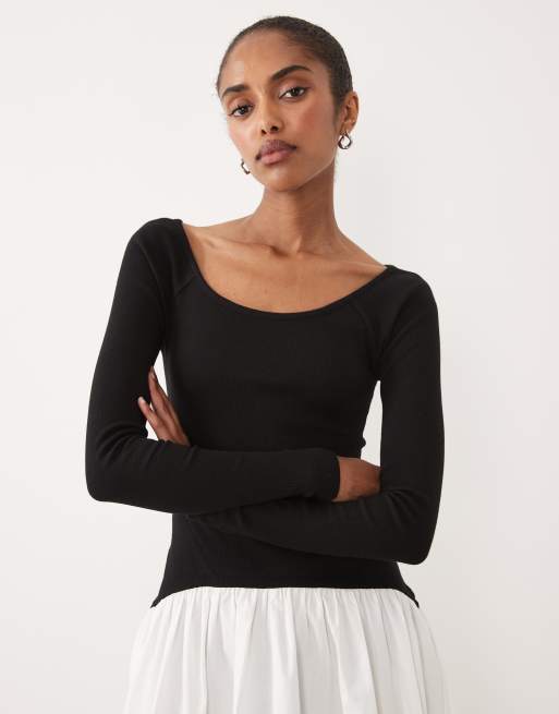 ASOS DESIGN - Vestito lungo ibrido a maniche lunghe nero e bianco con scollo rotondo, 3 di 4