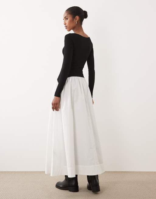 ASOS DESIGN - Vestito lungo ibrido a maniche lunghe nero e bianco con scollo rotondo, 4 di 4