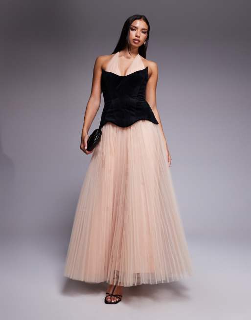 ASOS DESIGN - Vestito lungo ibrido con corpino in velluto doppiato e gonna in tulle a pieghe color cipria a contrasto