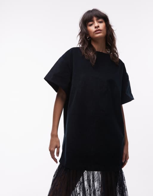 ASOS DESIGN - Vestito lungo ibrido con T-shirt blu navy in tessuto a coste e gonna in pizzo, 2 di 4