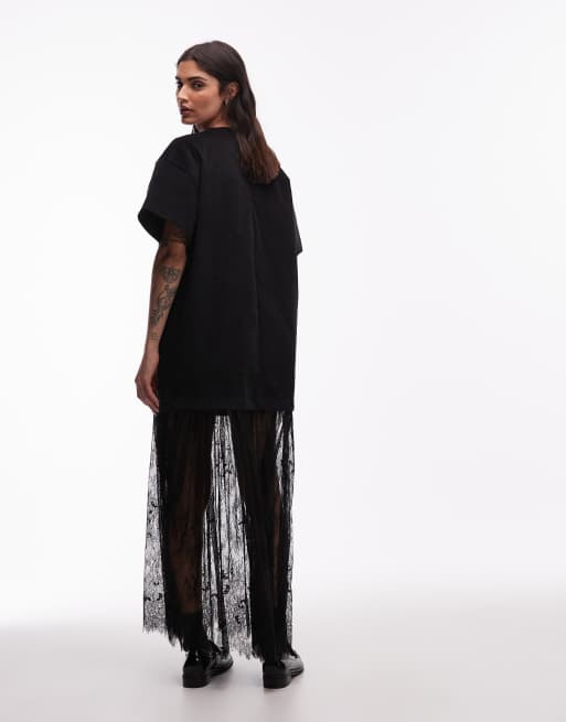 ASOS DESIGN - Vestito lungo ibrido con T-shirt nero in velluto a coste e gonna in pizzo, 4 di 4