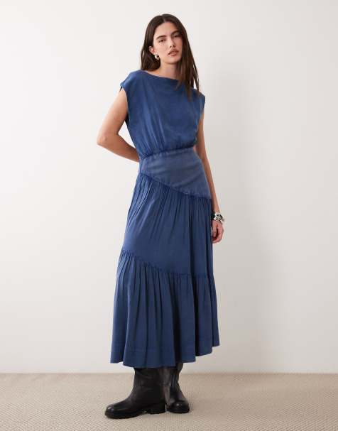 ASOS DESIGN - Vestito lungo ibrido senza maniche blu denim con scollo a barchetta - view 1