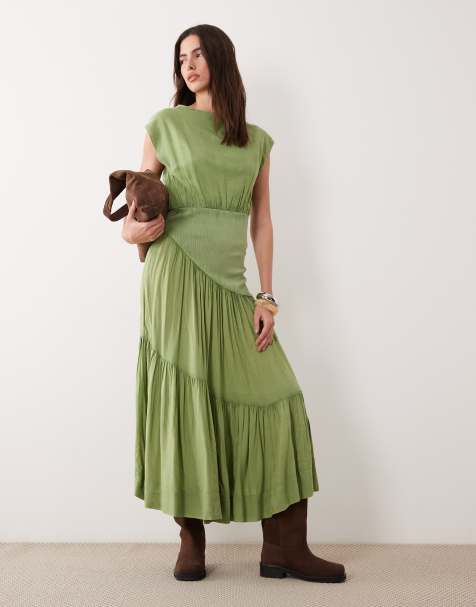 ASOS DESIGN - Vestito lungo ibrido senza maniche verde oliva slavato con scollo a barchetta - view 1