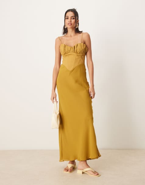 ASOS DESIGN - Vestito lungo ibrido stile corsetto con taglio sbieco e gonna al polpaccio color ocra - view 1