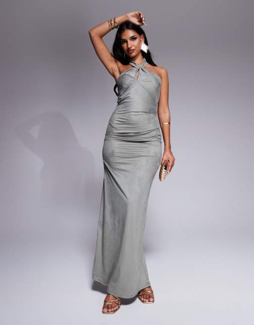 ASOS DESIGN - Vestito lungo in camoscio sintetico grigio allacciato al collo con nodo