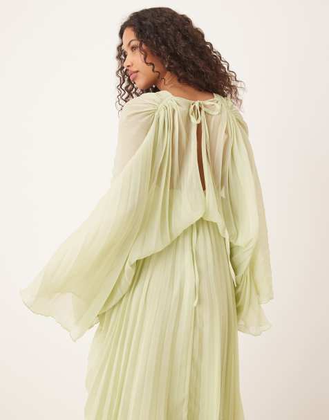 ASOS DESIGN - Vestito lungo in chiffon a pieghe verde mela con dettaglio incrociato sul davanti - view 1