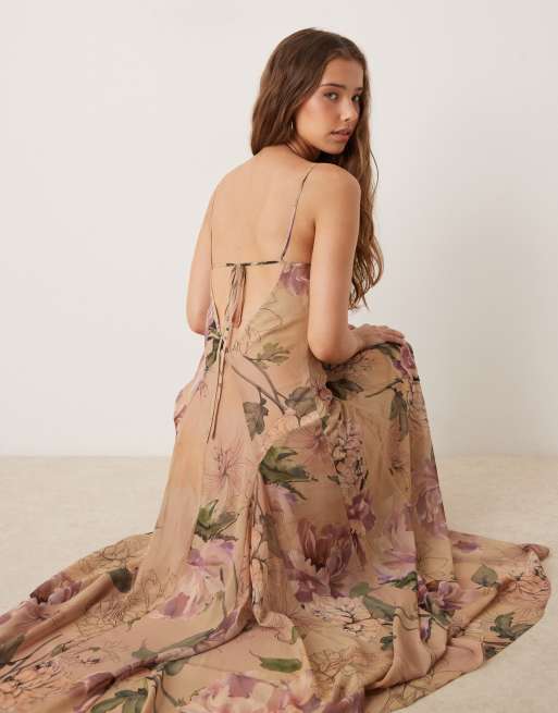 ASOS DESIGN - Vestito lungo in chiffon con godet sull'orlo e stampa a fiori, 2 di 4