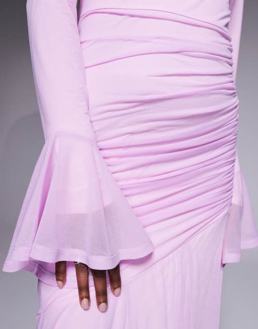 ASOS DESIGN - Vestito lungo in chiffon elasticizzato arricciato con vita drappeggiata e maniche svasate rosa confetto, 3 di 4
