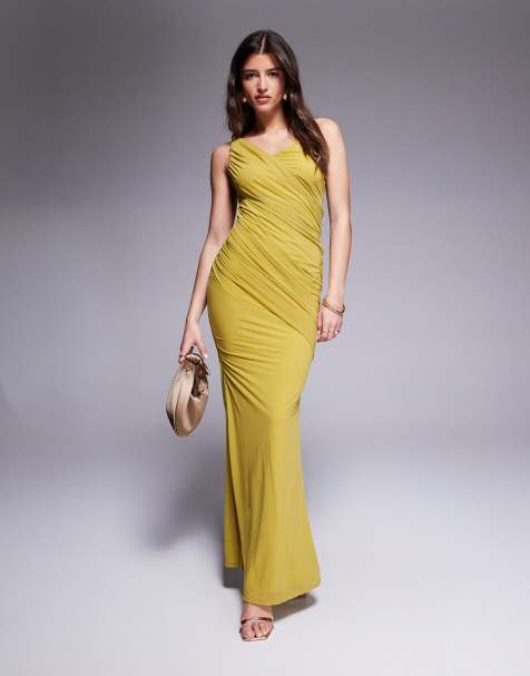 ASOS DESIGN - Vestito lungo in chiffon elasticizzato color chartreuse con nodo e drappeggio - view 1